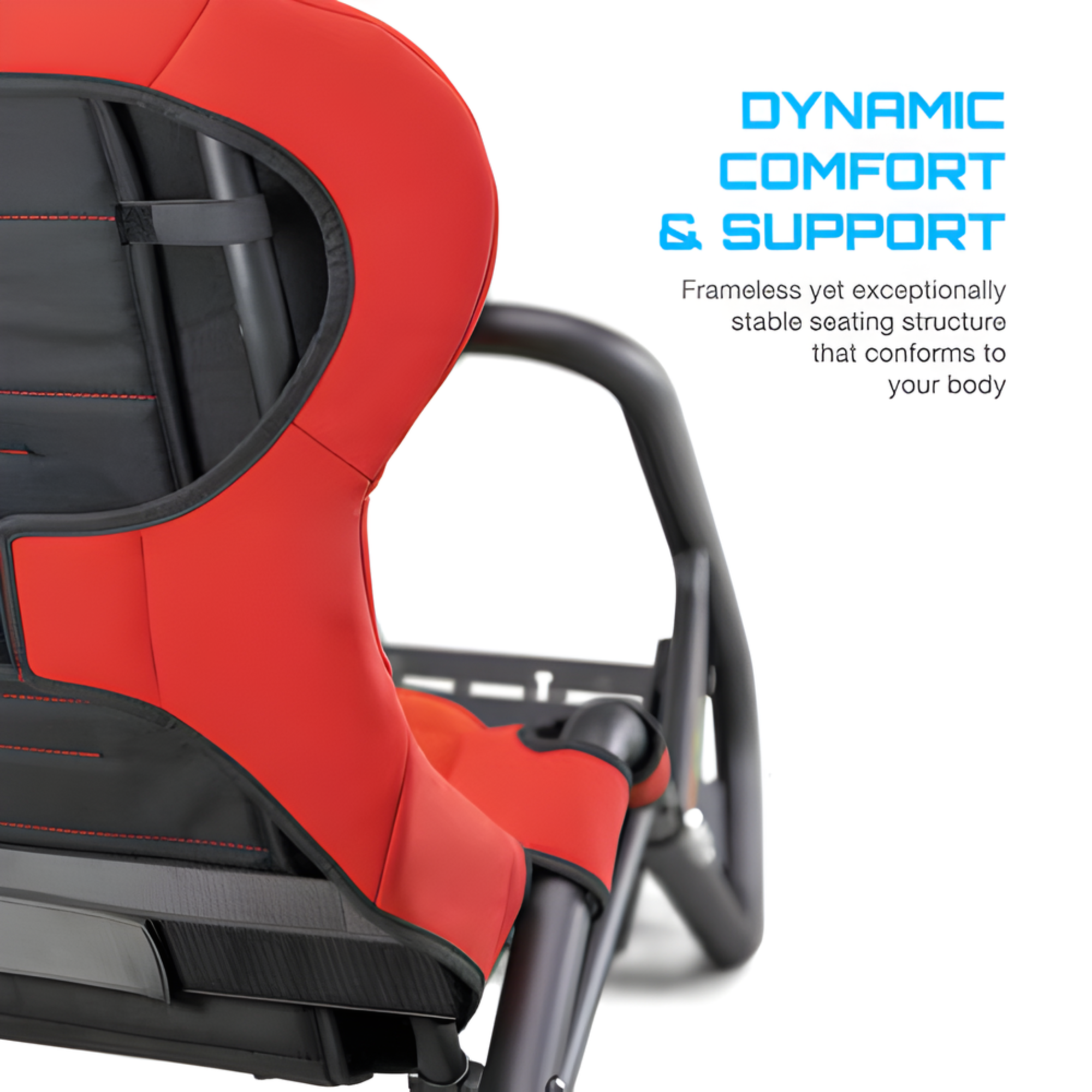 The red Playseat Trophy from Playseat highlighting the dynamic comfort and support with more information.