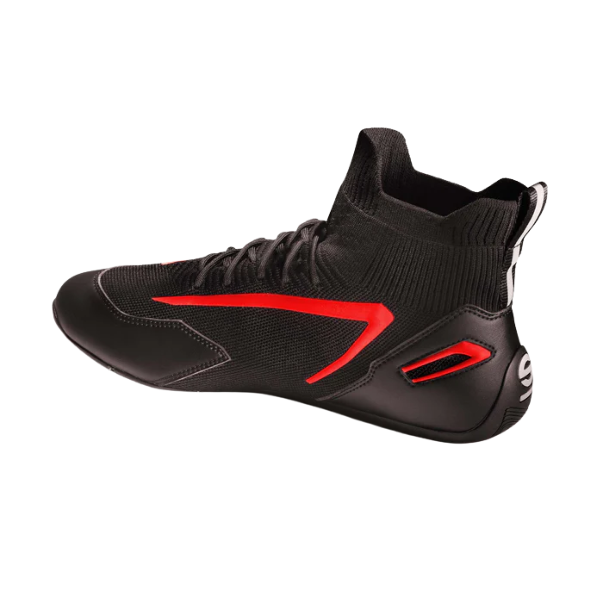 The black and red Sparco Hyperdrive Gaming Shoes from Sparco showing the inside side of the shoe.