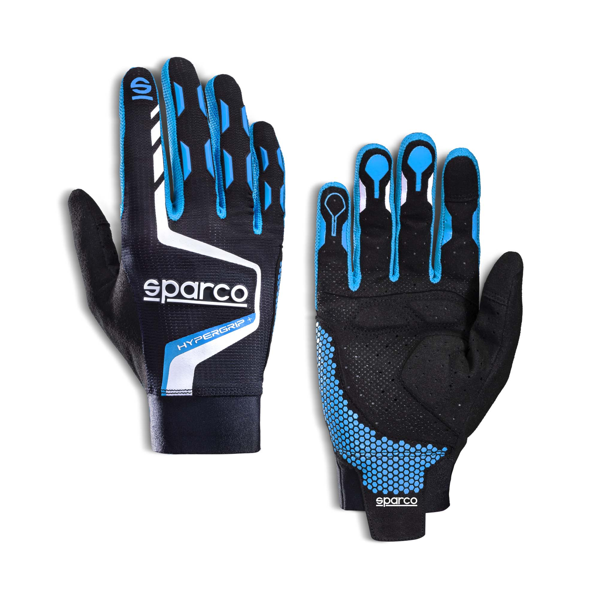 The Sparco Hypergrip+ Gaming Gloves from Sparco in black and blue.