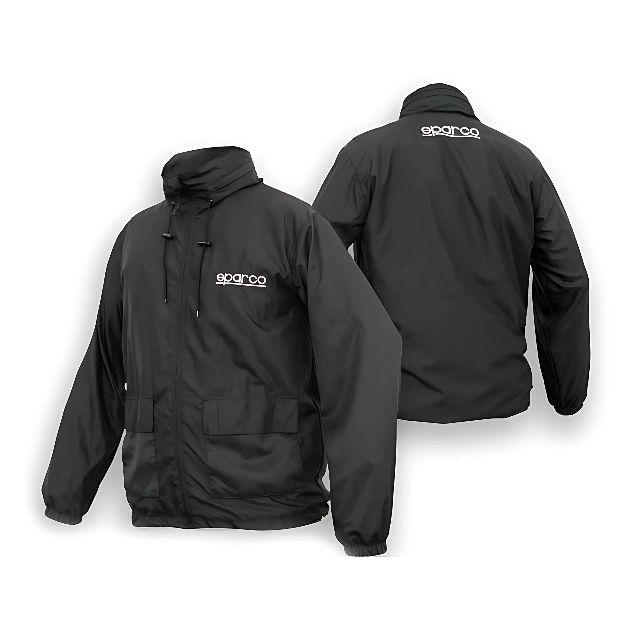 The front and the back of the black Sparco Windbreaker Jacket from Sparco.
