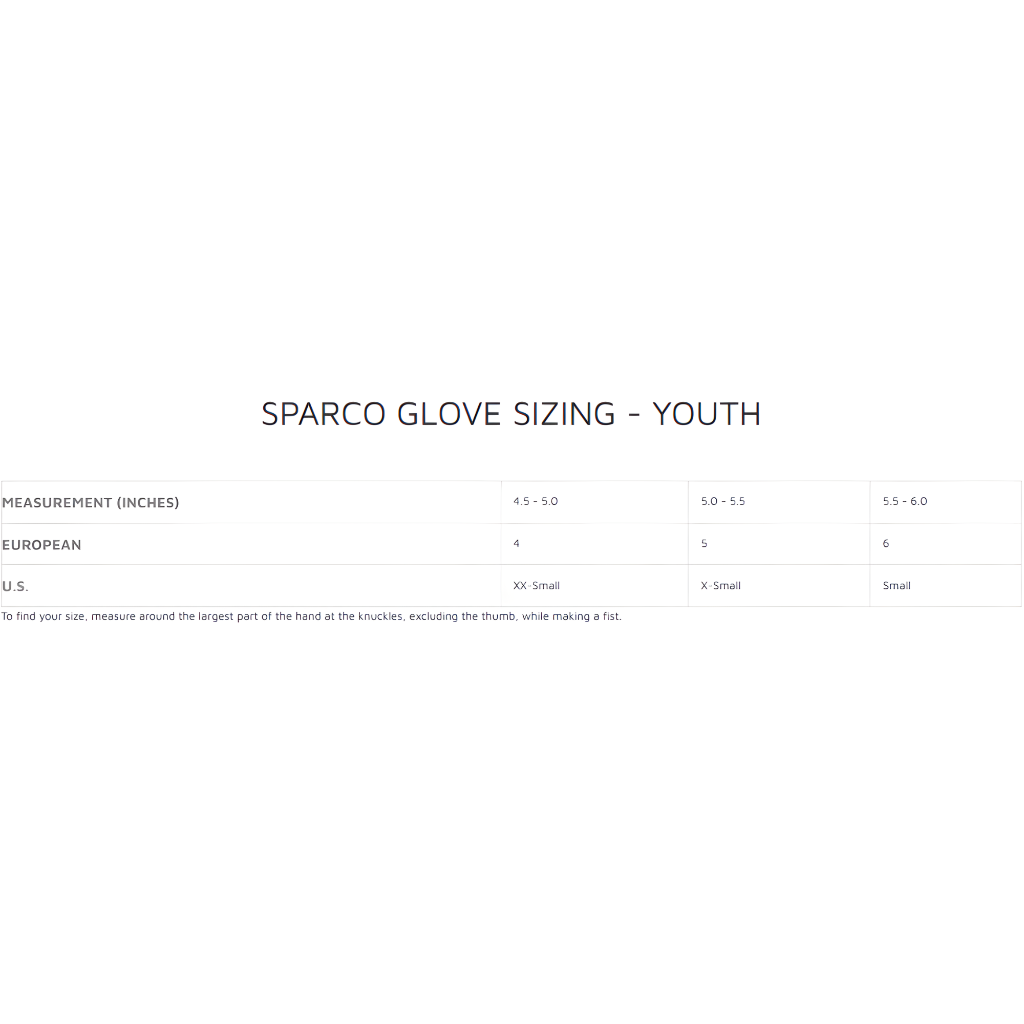 The youth glove sizing guide for Sparco gloves. all-groups