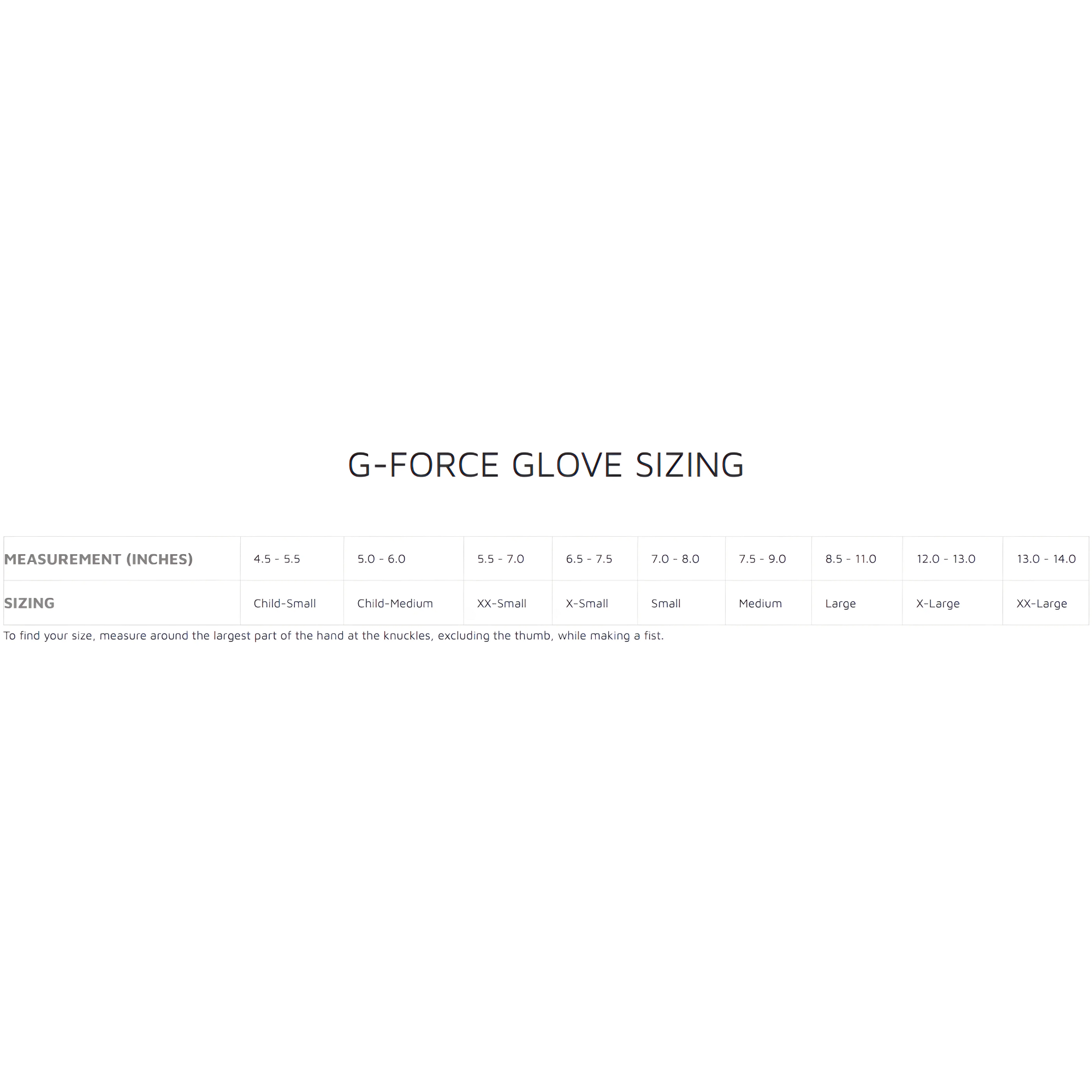 The glove sizing chart for G-Force racing gloves. all-groups