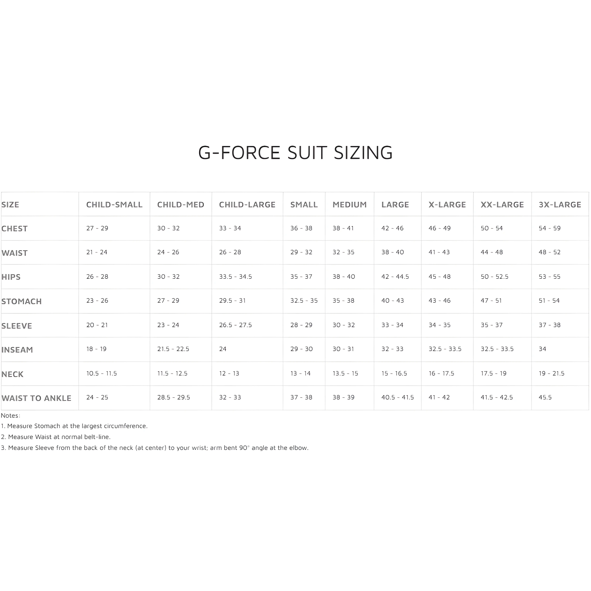 The sizing guide for G-Force racing suits. all-groups
