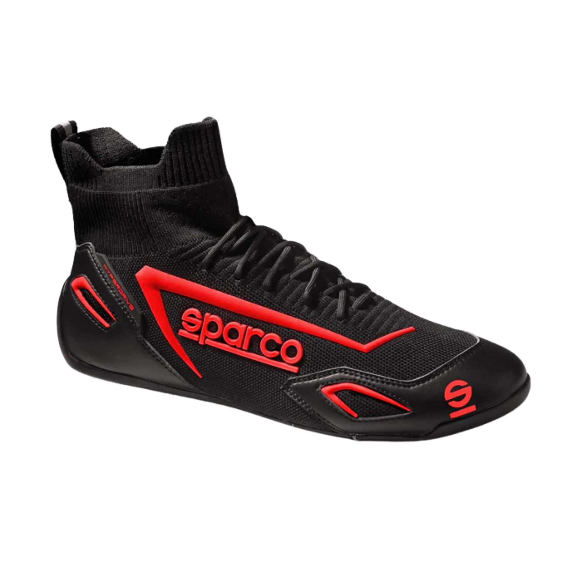 The black and red Sparco Hyperdrive Gaming Shoes from Sparco at an angle.