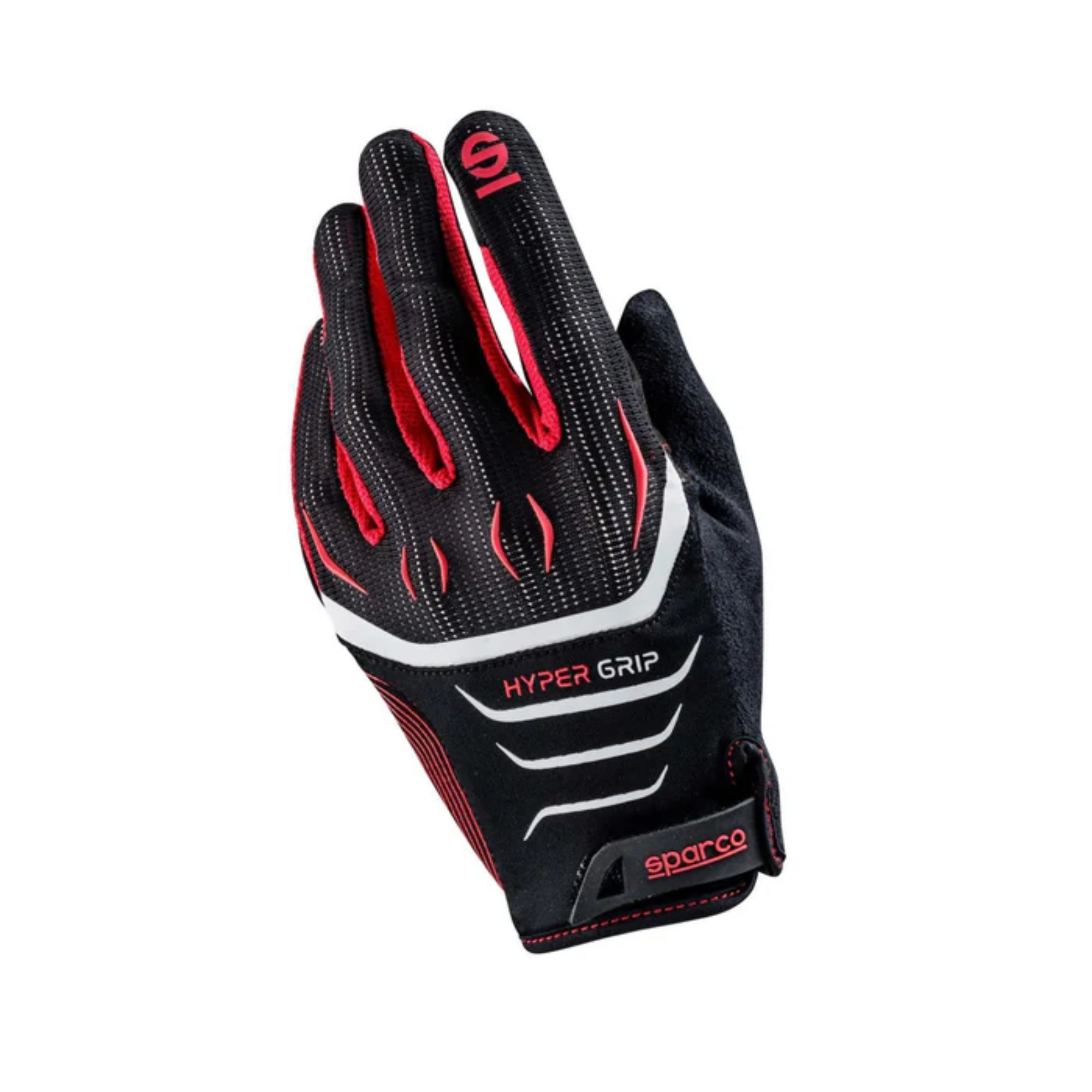The backside of the red and black Sparco Hypergrip Gaming Gloves from Sparco.