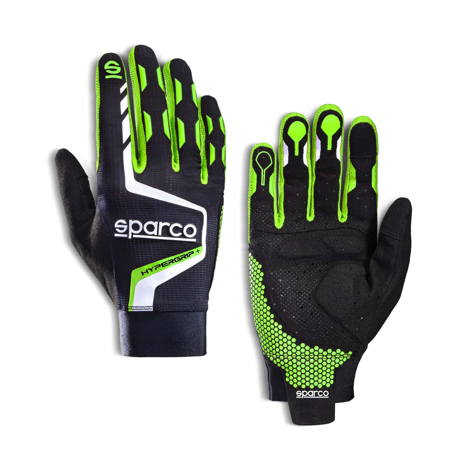 The Sparco Hypergrip+ Gaming Gloves from Sparco in black and green.