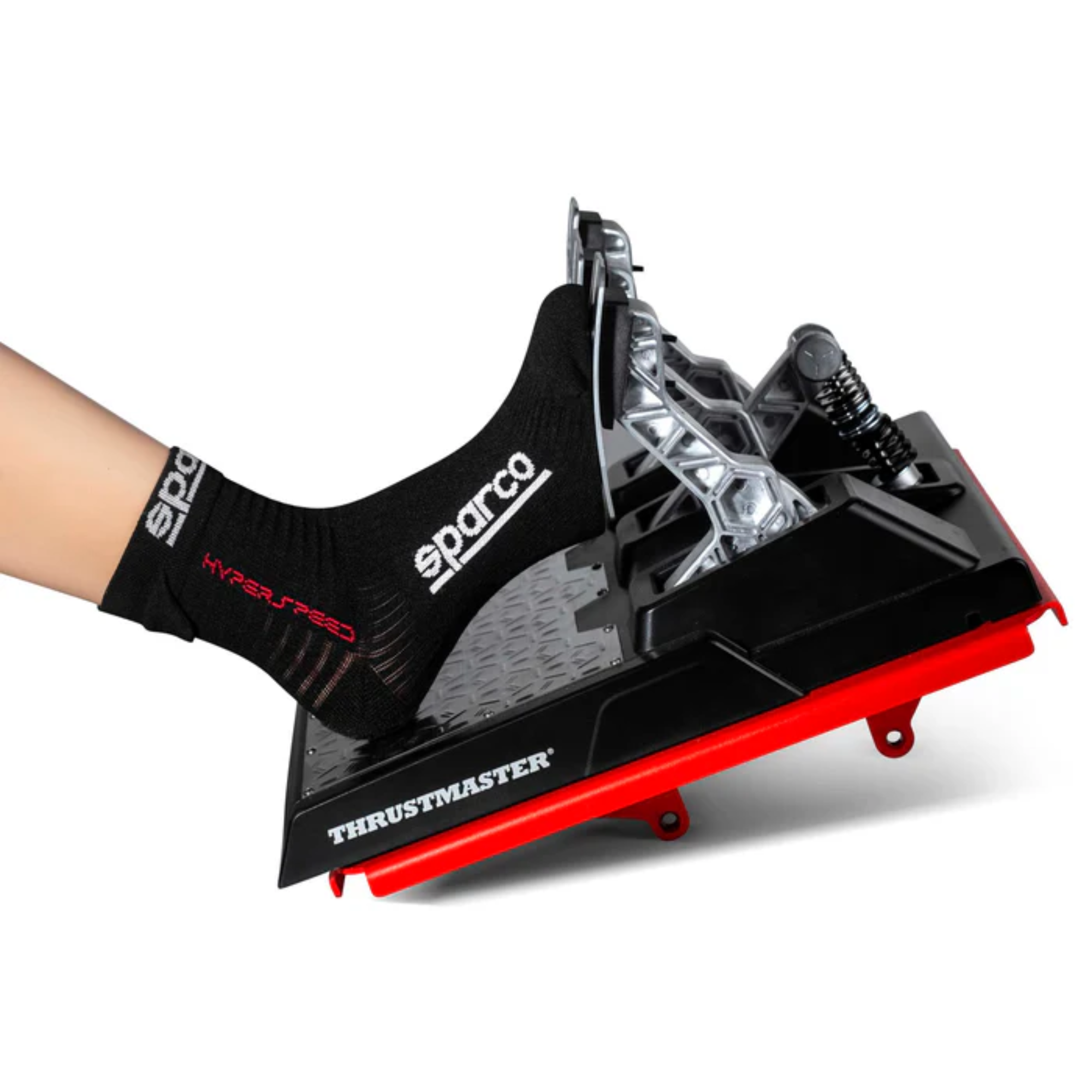 The black and red Sparco Hyperspeed Gaming Socks from Sparco being used on Thrustmaster Pedals. all-groups