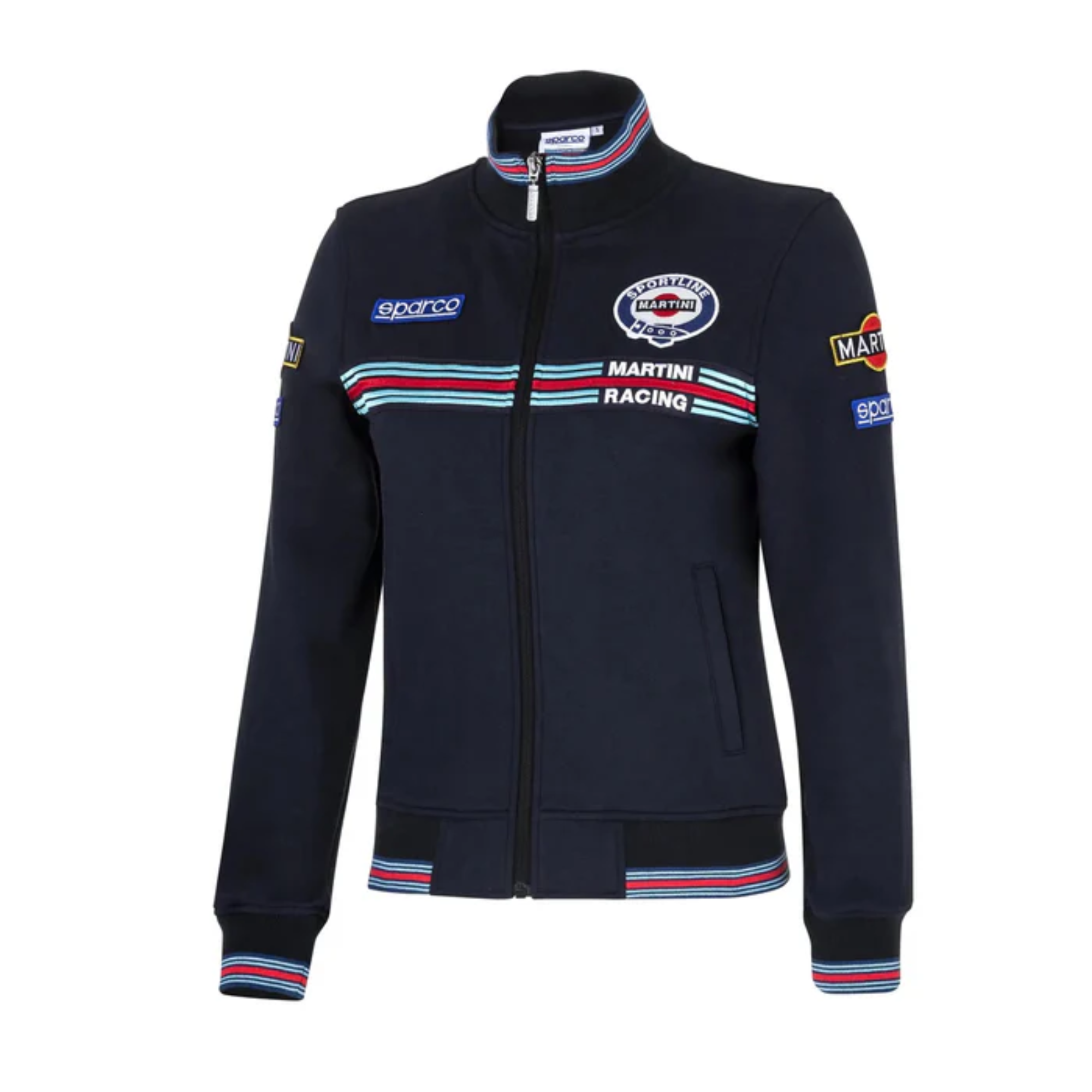 The front of the navy Sparco Martini Racing Ladies Full Zip Sweatshirt from Sparco.