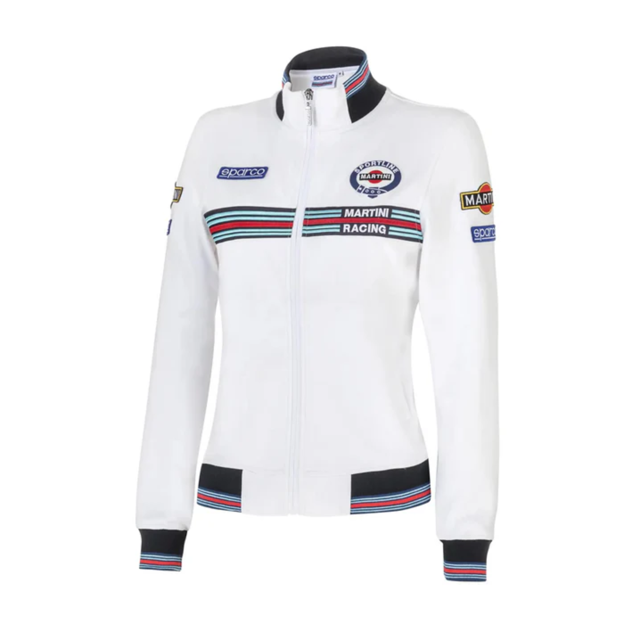The front of the white Sparco Martini Racing Ladies Full Zip Sweatshirt from Sparco.