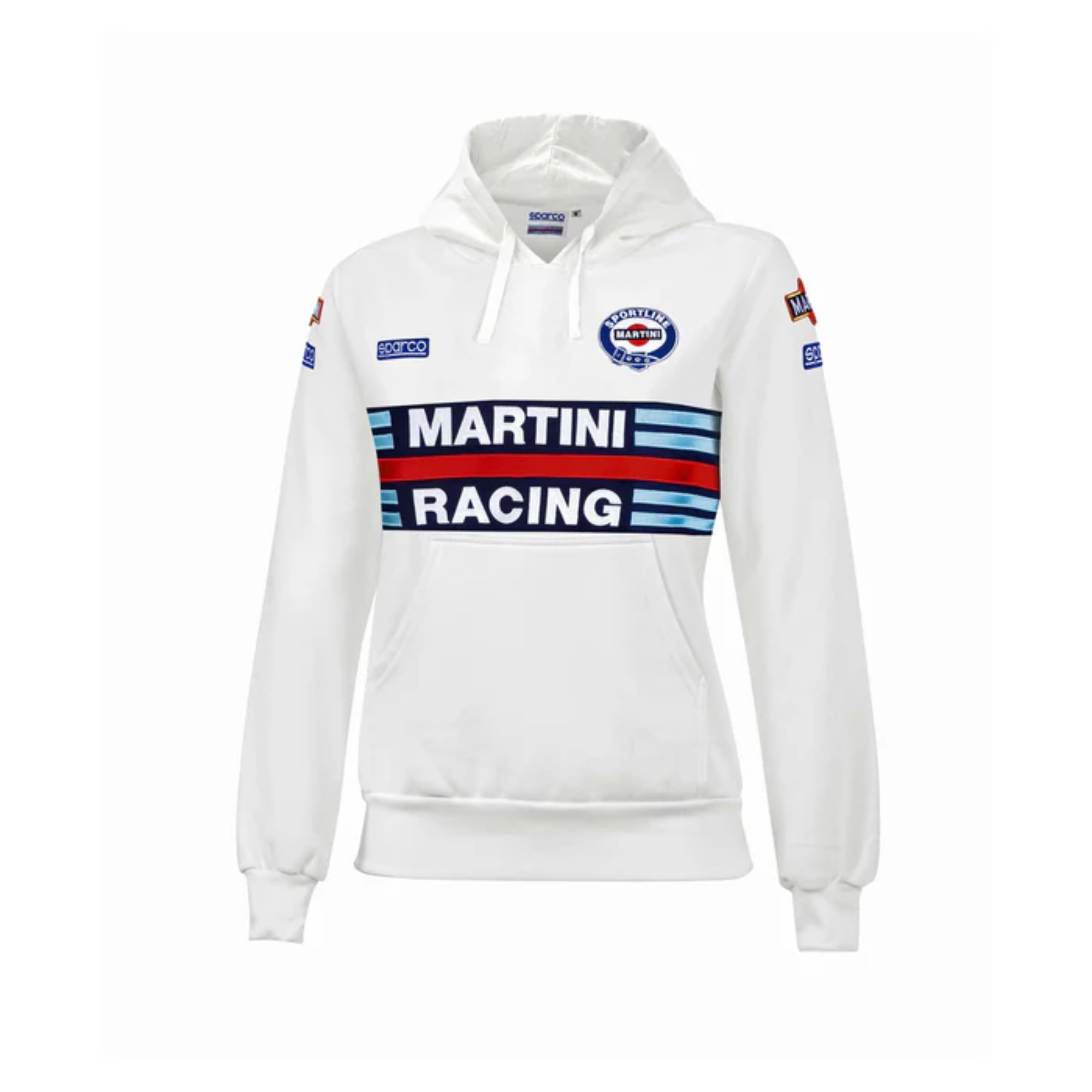 The front of the white Sparco Martini Racing Ladies Hooded Sweatshirt from Sparco.