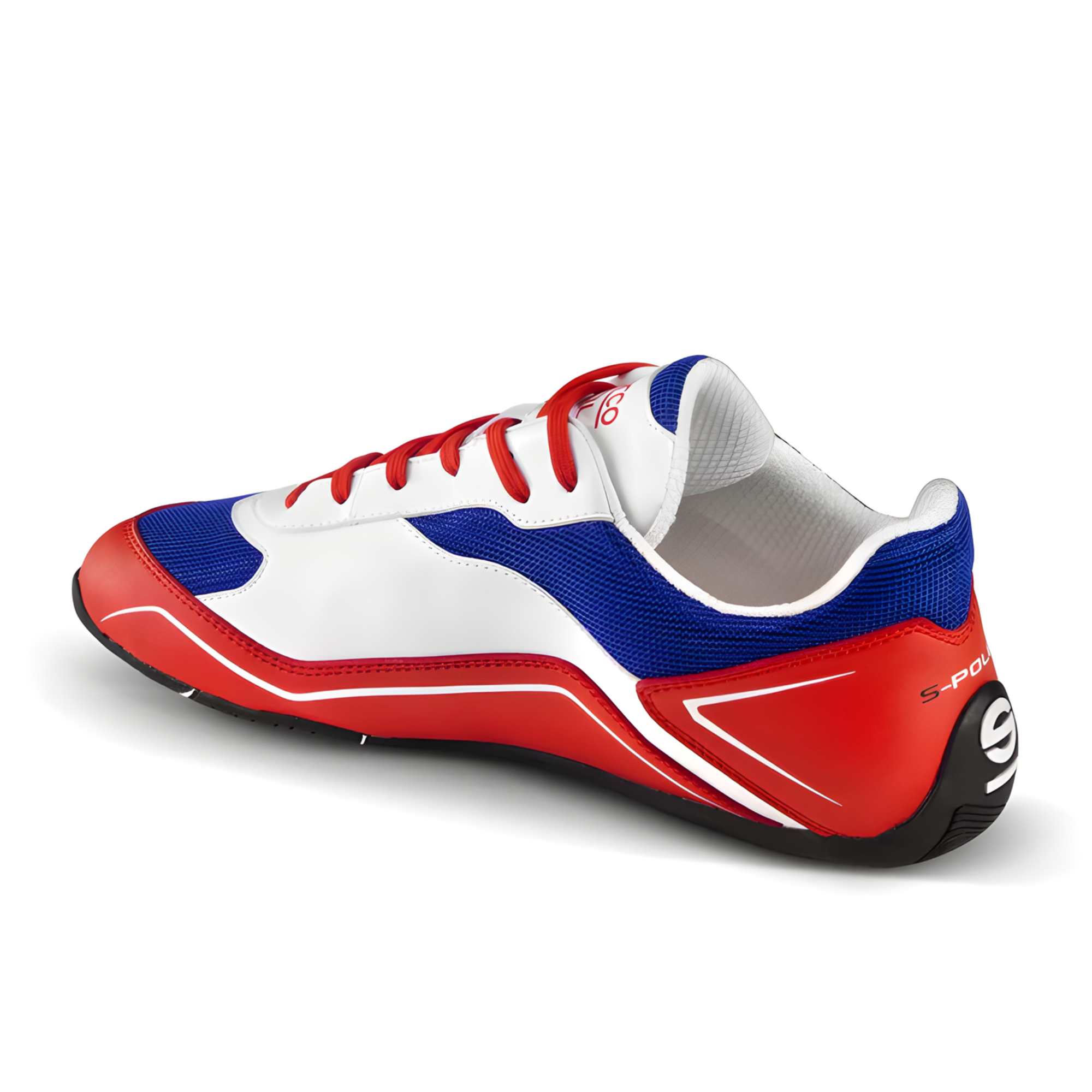 The inside of the red, white and blue Sparco S-Pole Shoes from Sparco.
